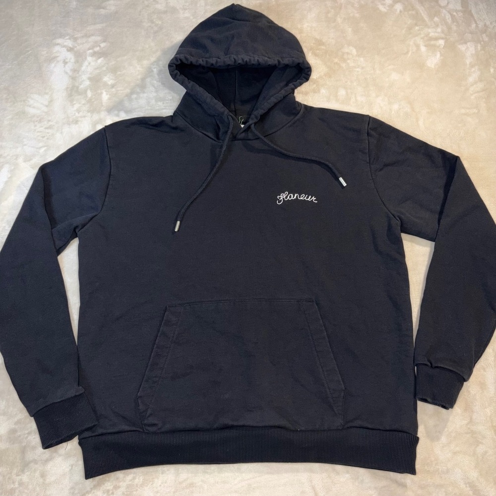 Flaneur Homme Script Logo Hoodie Mens Large Black Sweatshirt Streetwear